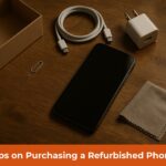 Flat lay of refurbished phone with accessories on wooden table and text banner reading “Tips on Purchasing a Refurbished Phone”