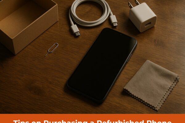 Flat lay of refurbished phone with accessories on wooden table and text banner reading “Tips on Purchasing a Refurbished Phone”