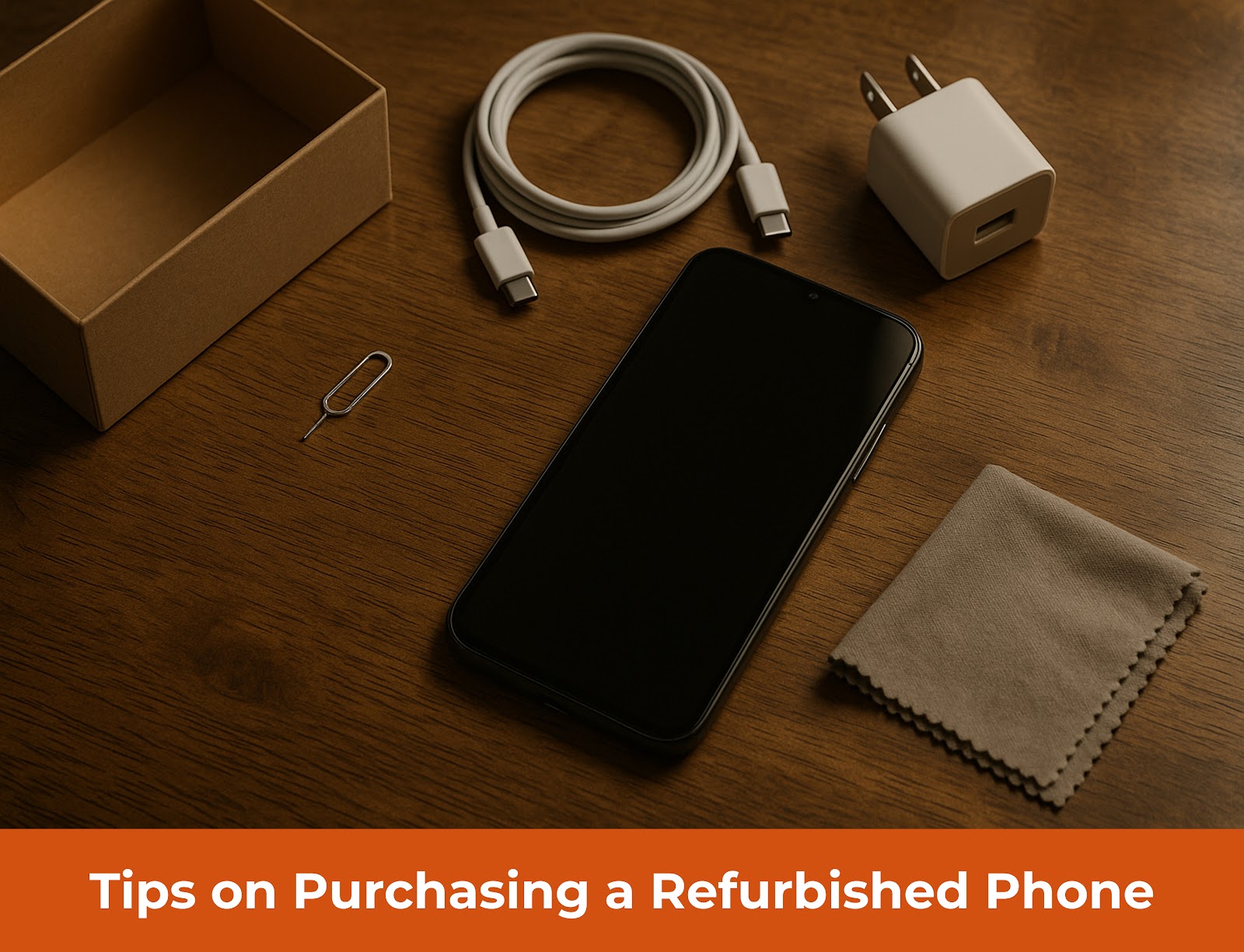 Flat lay of refurbished phone with accessories on wooden table and text banner reading “Tips on Purchasing a Refurbished Phone”